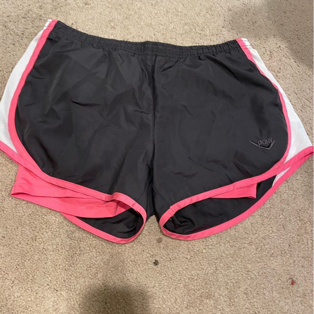 grey, pink, and white shorts